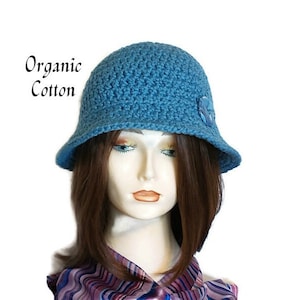 Blue cloche hat, Organic cotton hat, Woman crochet hat, Spring hat, Bucket hat woman, Chemo hat, Travel hat woman, Stretchy hat 657