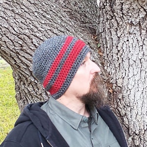 Hat for man, Grey crochet cap man, Crochet beanie men, Winter hat crochet, Men's striped beanie 802