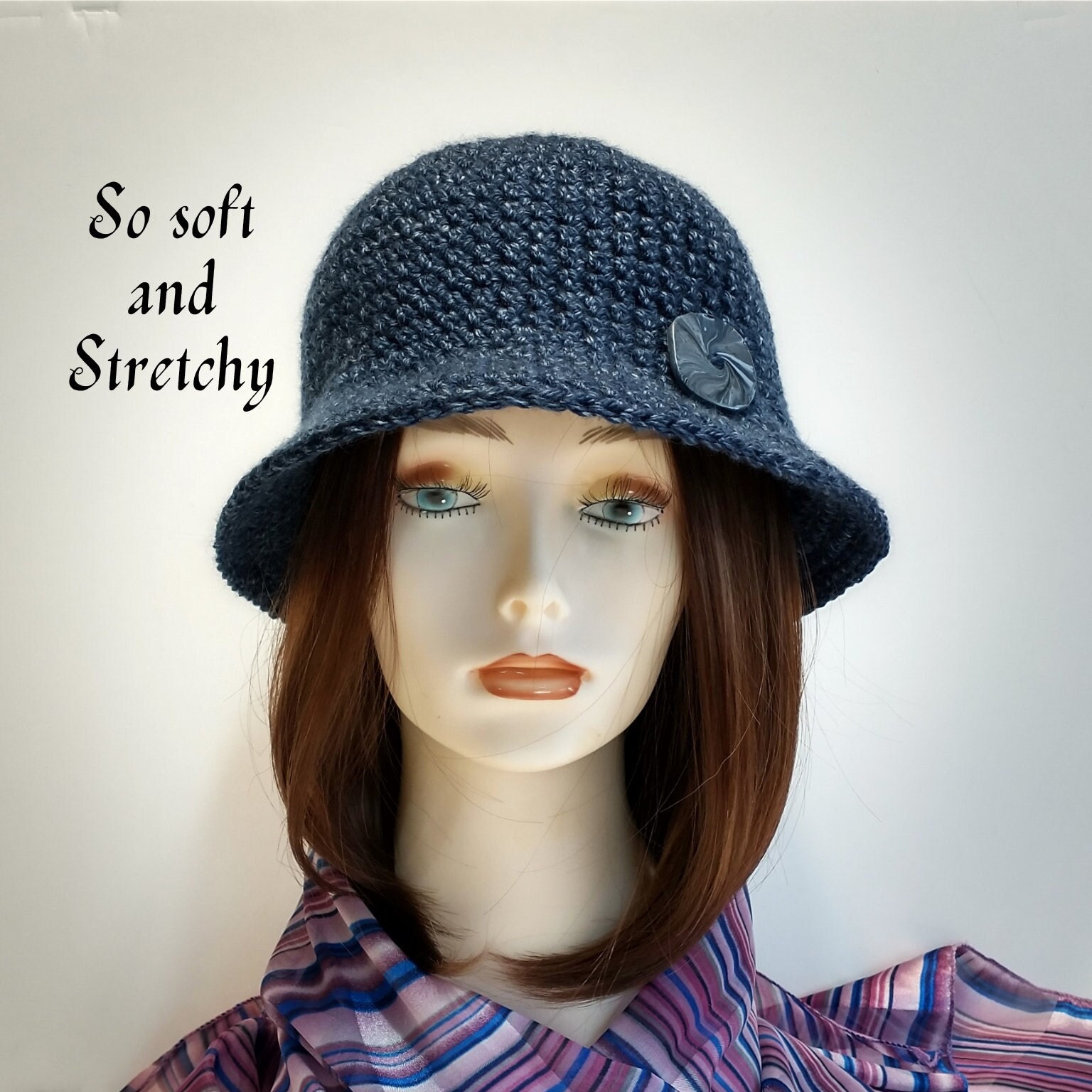 Crochet Cloche Hat, Navy Blue Acrylic 404, Handmade Button  display picture 1