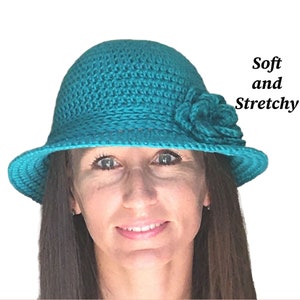 Cotton cloche, Turquoise crochet hat cotton 806, Woman wide brim hat, Woman spring hat, Travel hat, Hat for chemo
