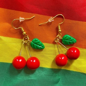 Cherry Dangle Earrings, Cherry Earrings, Mini Food Earrings, Fruit Earrings, Fruit Jewelry