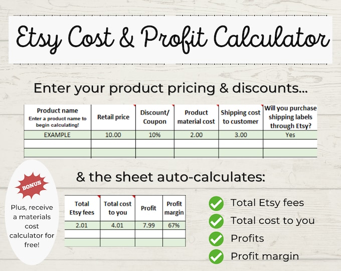 Etsy Cost/profit Calculator US Version, Etsy Fees Calculator Excel