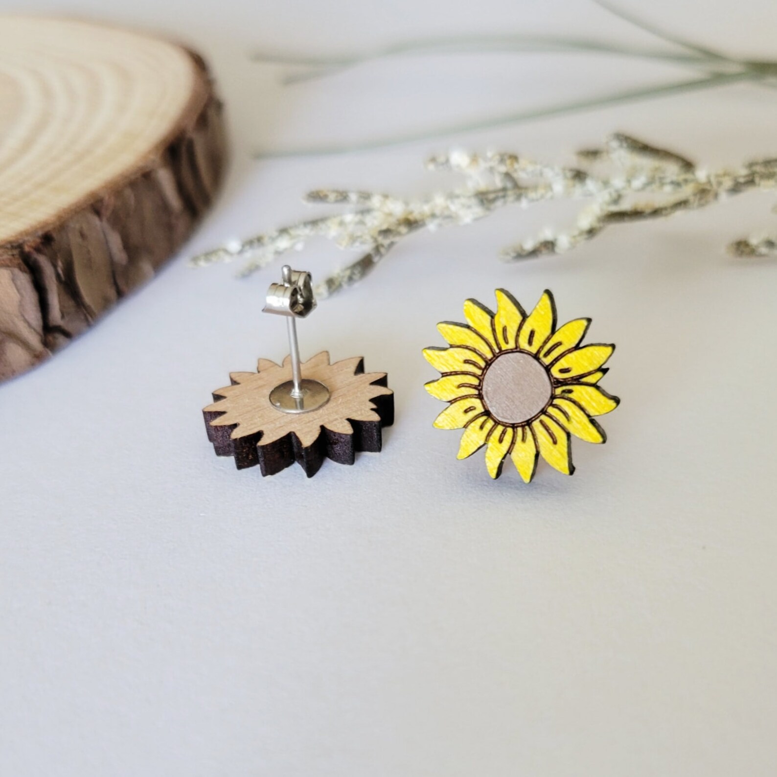 Sunflower Stud Earrings Sunflower Wooden Earrings Plant Etsy