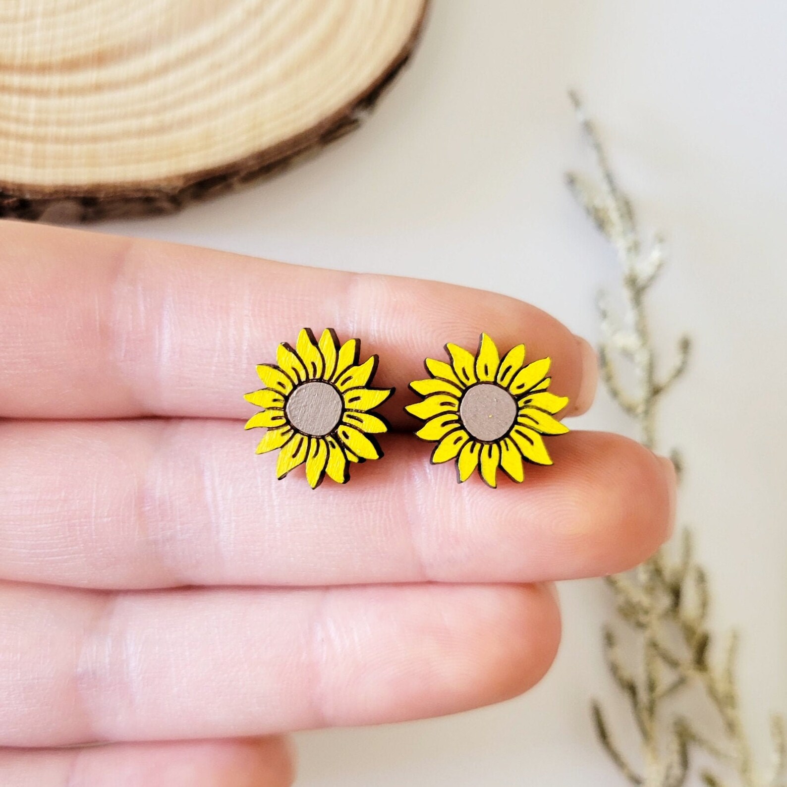 Sunflower Stud Earrings Sunflower Wooden Earrings Plant Etsy