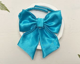 Turquoise satin Sailors Bow. Available for cats and dogs! Cat sizes available with attached collar, or over the collar style!