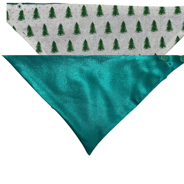 Christmas tree farm/Green satin double sided bandana with snaps. For cats and dogs.