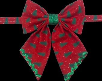 Sparkling Spruce, pet sailors bow tie, red with green Christmas trees, small silver details, green metallic ricrac trim and green center