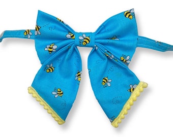 Bumble Bee Buzz TEAL, sailors bow tie, teal with bumble bees & small yellow hand dyed pompom trim.