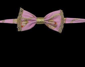Best Friends, pet bow tie, pink with gold charm best friends charm bracelets. With gold metallic trim and gold sparkly center.