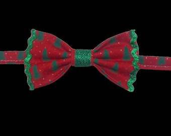 Sparkling Spruce, pet bow tie, red with green Christmas trees, small silver details, green metallic ricrac trim and sparkly green Center.