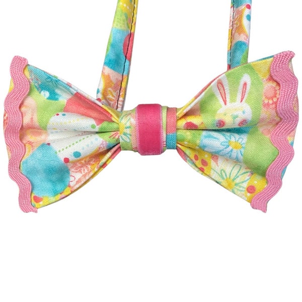 Spring Sweetness, pet bow tie, pink/yellow/blue with bunnies and Easter eggs, with pink ricrac trim and velvet pink centre.