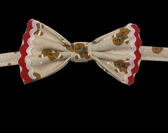 Dreaming of Gingerbread, pet bow tie, traditional gingerbread with red and white ricrac trim.