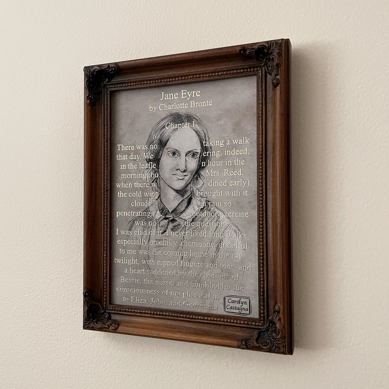 golden Charlotte Brontë portrait On The Page of Jane Eyre // Graphite Drawing Print image 2