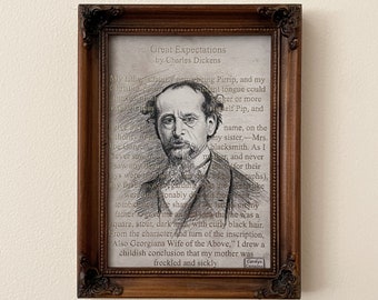 retrato dorado de Charles Dickens en la página de "Grandes esperanzas" // Dibujo de grafito *Imprimir*