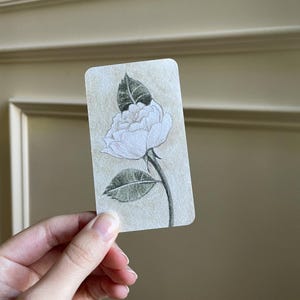 Pode incluir: Ilustração botânica a preto e branco de uma rosa branca com folhas verdes num cartão retangular. O desenho utiliza sombreamento detalhado para criar profundidade. O cartão tem um fundo castanho claro.