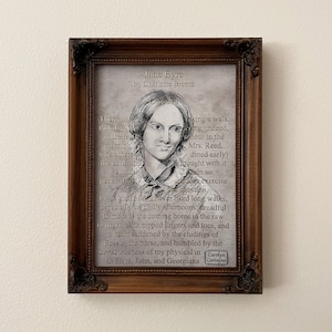 golden Charlotte Brontë portrait On The Page of Jane Eyre // Graphite Drawing Print image 1
