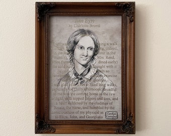 retrato dorado de Charlotte Brontë en la página de "Jane Eyre" // Dibujo de grafito *Impresión*