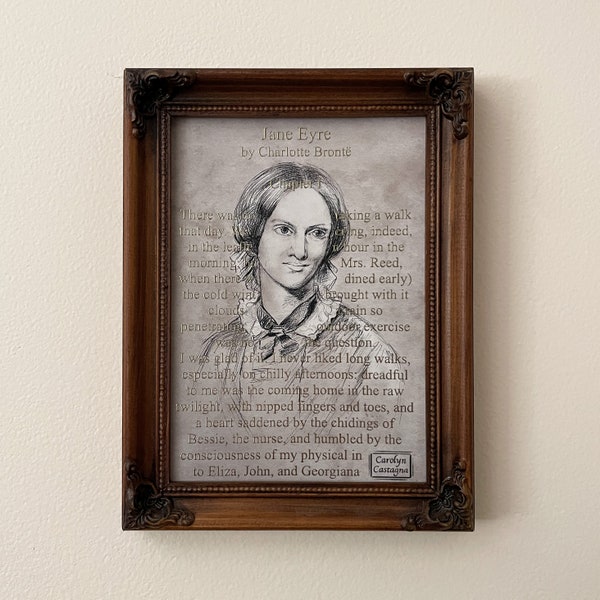 golden Charlotte Brontë portrait On The Page of "Jane Eyre" // Graphite Drawing *Print*