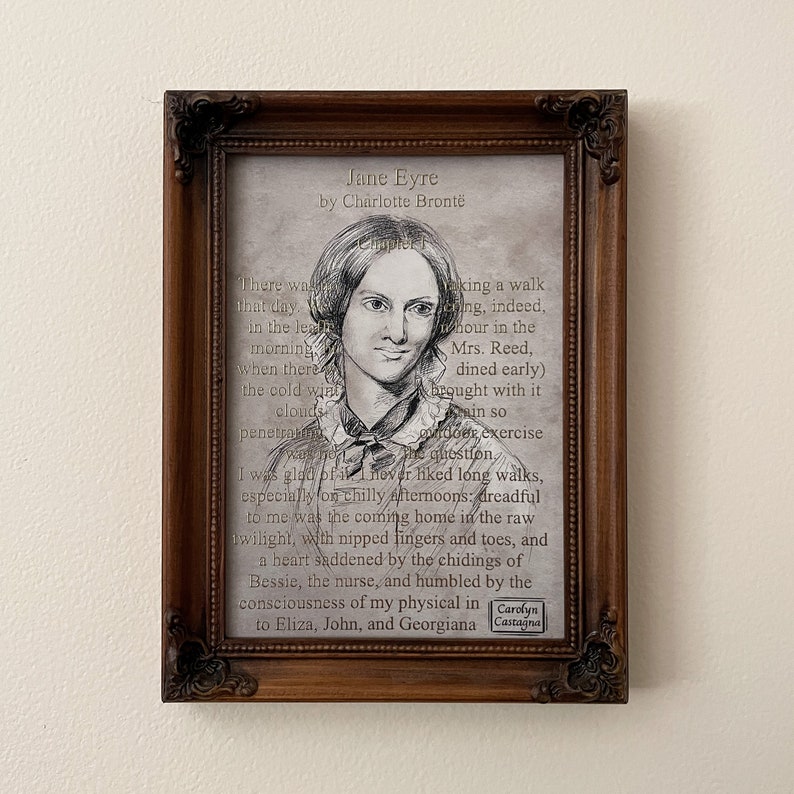 golden Charlotte Brontë portrait On The Page of Jane Eyre // Graphite Drawing Print image 1