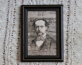 Marcapáginas/postal con retrato de Charles Dickens // Doble cara // Dibujo a grafito