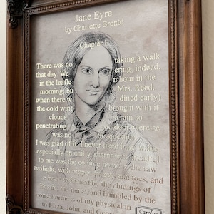 golden Charlotte Brontë portrait On The Page of Jane Eyre // Graphite Drawing Print image 3