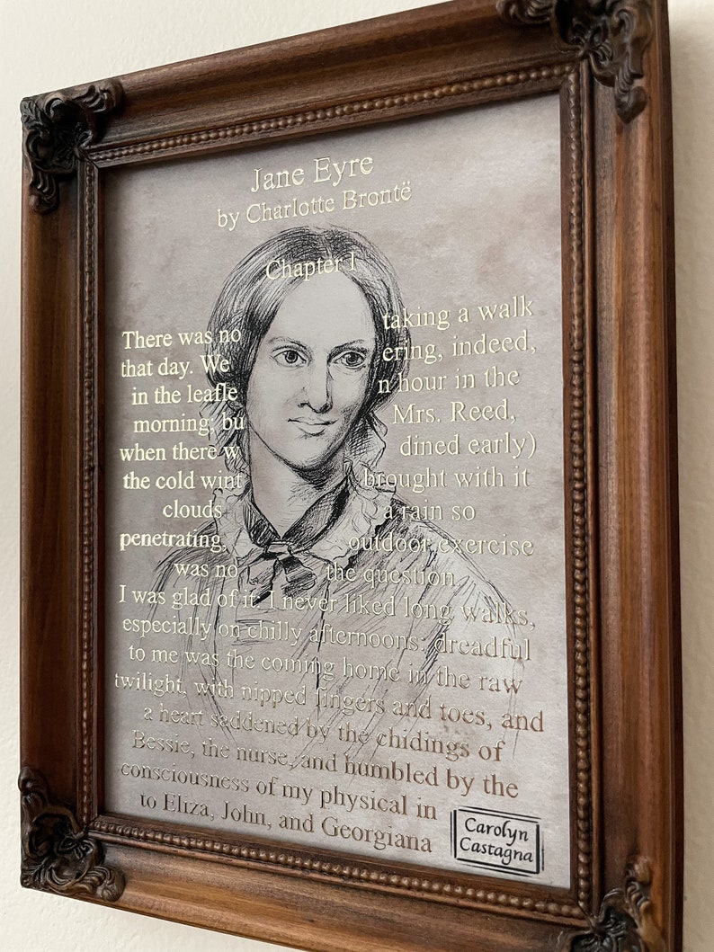 golden Charlotte Brontë portrait On The Page of Jane Eyre // Graphite Drawing Print image 3