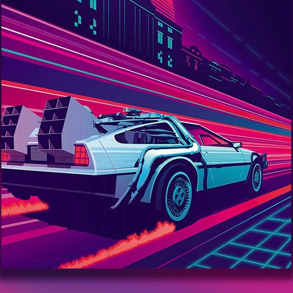 Zurück in die 80er | Retro Synthwave Wandkunst, DeLorean Poster, BTTF Time Machine, Modern Vintage Film Print, Retro 1980er Film Poster Geschenk,