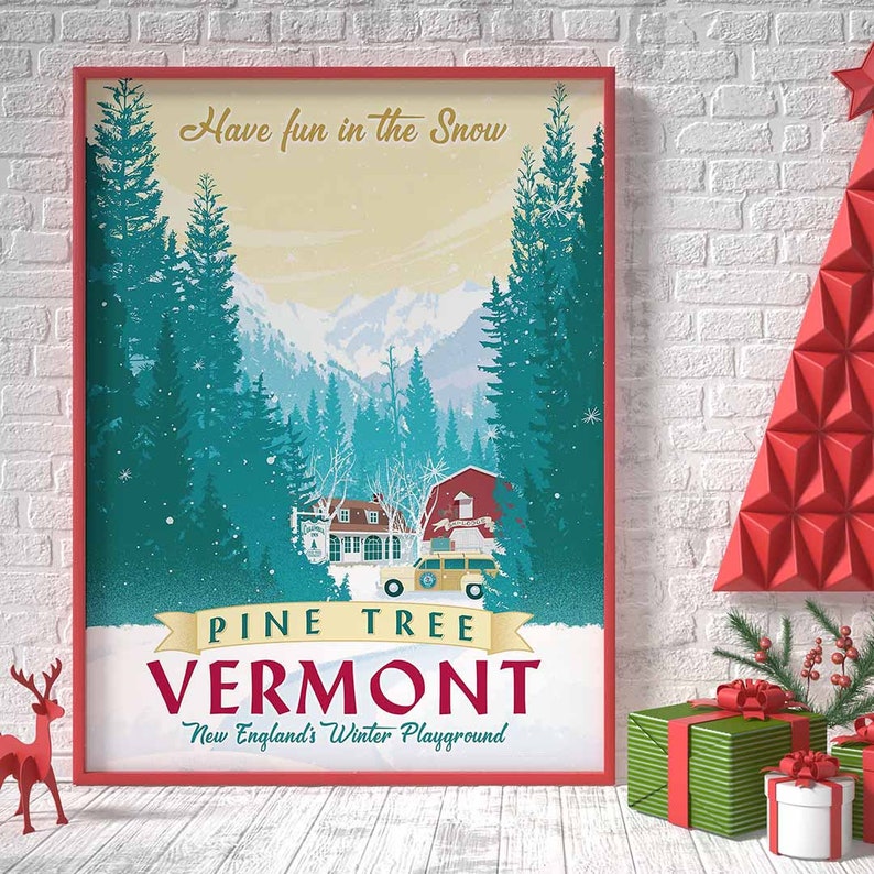 Stunning White Christmas-inspired winter scene. Vermont landscape with Columbia Inn, snowy pine trees, and a river. Hand-illustrated, available in three sizes. Perfect gift for movie fans. Order now to bring holiday magic home!