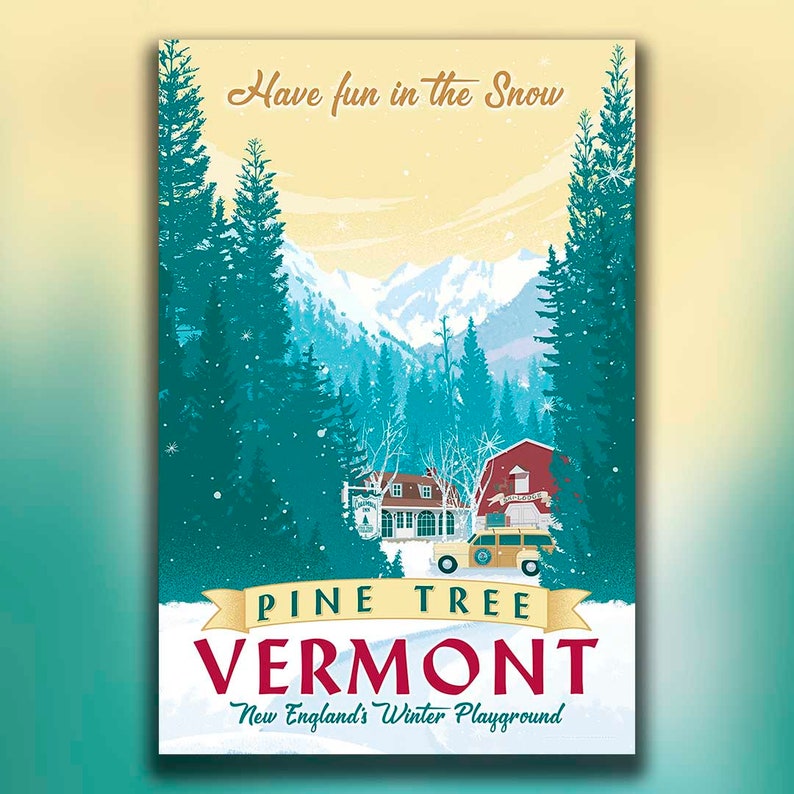 Stunning White Christmas-inspired winter scene. Vermont landscape with Columbia Inn, snowy pine trees, and a river. Hand-illustrated, available in three sizes. Perfect gift for movie fans. Order now to bring holiday magic home!