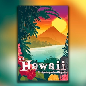 Visit Hawaii | Vintage Travel Poster, Travel Wall Art, Polynesian Surf Home Decor, Paradise Tropical Flair, Maui Hawaii Print, Retro Decor