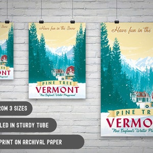 3 sizes available of Stunning White Christmas-inspired winter scene. Vermont landscape with Columbia Inn, snowy pine trees, and a river. Hand-illustrated, available in three sizes. Perfect gift for movie fans. Order now to bring holiday magic home!