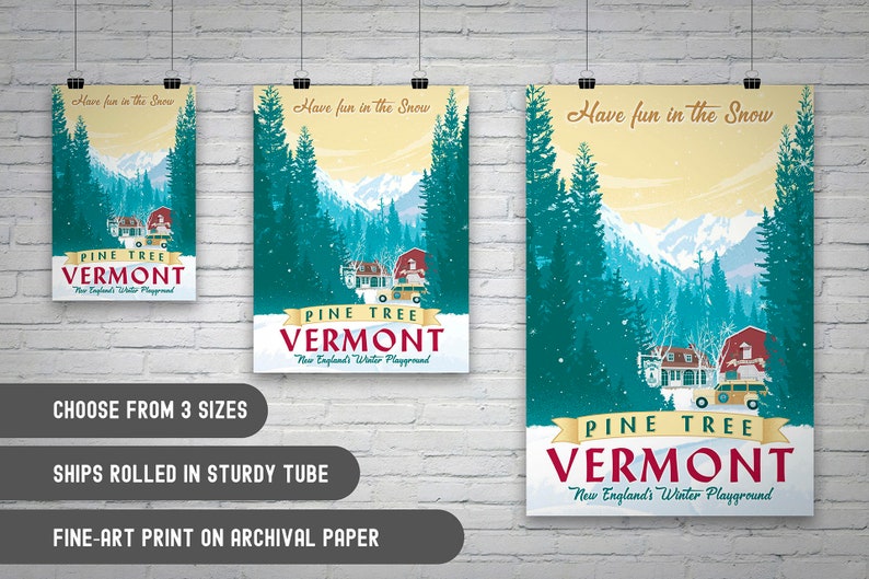 3 sizes available of Stunning White Christmas-inspired winter scene. Vermont landscape with Columbia Inn, snowy pine trees, and a river. Hand-illustrated, available in three sizes. Perfect gift for movie fans. Order now to bring holiday magic home!