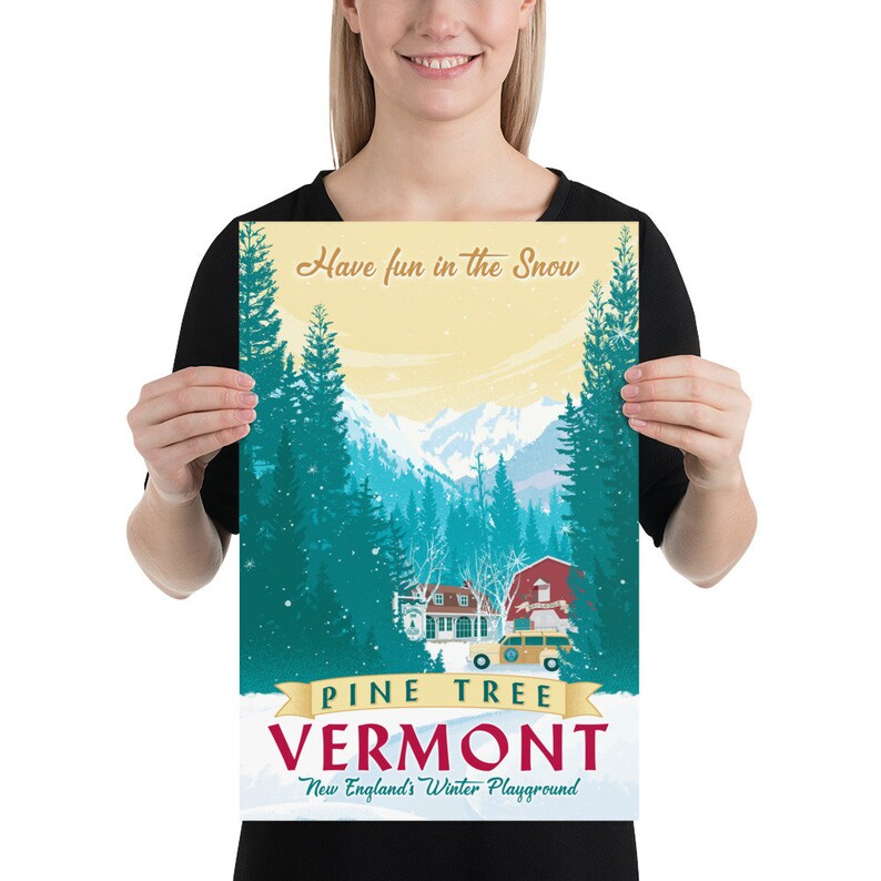 Stunning White Christmas-inspired winter scene. Vermont landscape with Columbia Inn, snowy pine trees, and a river. Hand-illustrated, available in three sizes. Perfect gift for movie fans. Order now to bring holiday magic home!