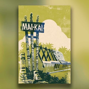 Mai-Kai | Vintage Style Tiki Wall Art, Tiki Idol Poster, Tiki Oasis Print, Tiki Bar Mug, Tiki Room Gift, Retro Tropical Polynesian Culture