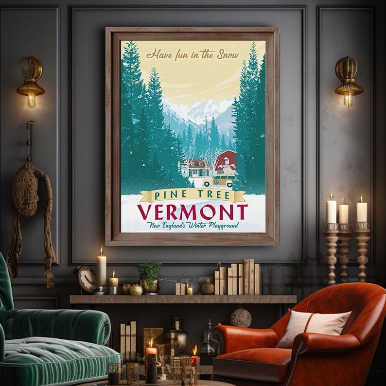 Stunning White Christmas-inspired winter scene. Vermont landscape with Columbia Inn, snowy pine trees, and a river. Hand-illustrated, available in three sizes. Perfect gift for movie fans. Order now to bring holiday magic home!