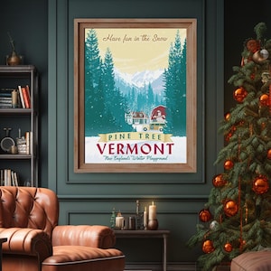 Stunning White Christmas-inspired winter scene. Vermont landscape with Columbia Inn, snowy pine trees, and a river. Hand-illustrated, available in three sizes. Perfect gift for movie fans. Order now to bring holiday magic home!