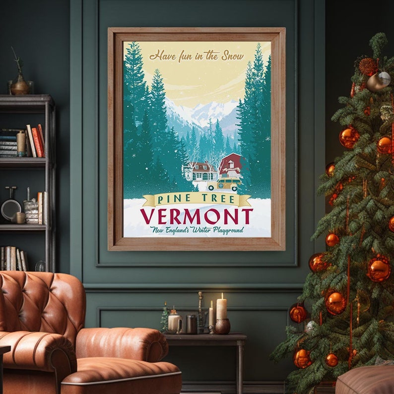 Stunning White Christmas-inspired winter scene. Vermont landscape with Columbia Inn, snowy pine trees, and a river. Hand-illustrated, available in three sizes. Perfect gift for movie fans. Order now to bring holiday magic home!