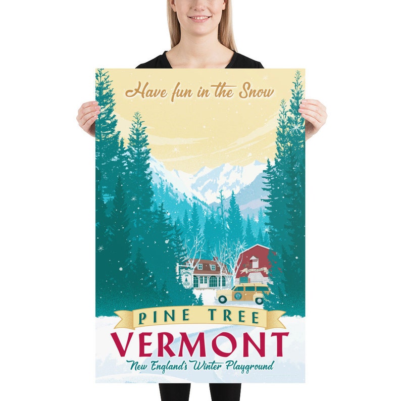 Stunning White Christmas-inspired winter scene. Vermont landscape with Columbia Inn, snowy pine trees, and a river. Hand-illustrated, available in three sizes. Perfect gift for movie fans. Order now to bring holiday magic home!