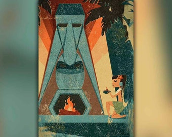 Kahiki Tiki &quot;Mystery Girl&quot; | Vintage Style Tiki Wall Art, Tiki Idol Poster, Tiki Bar Print, Tiki Room Oasis, Polynesian Tropical Culture