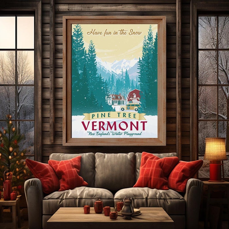 Stunning White Christmas-inspired winter scene. Vermont landscape with Columbia Inn, snowy pine trees, and a river. Hand-illustrated, available in three sizes. Perfect gift for movie fans. Order now to bring holiday magic home!