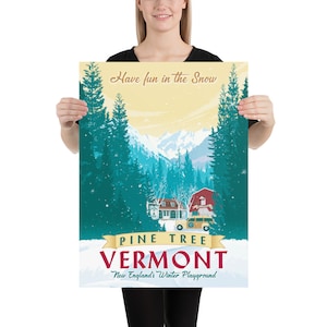 Stunning White Christmas-inspired winter scene. Vermont landscape with Columbia Inn, snowy pine trees, and a river. Hand-illustrated, available in three sizes. Perfect gift for movie fans. Order now to bring holiday magic home!