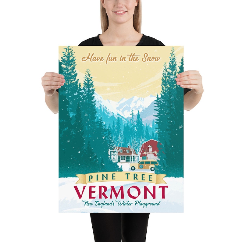 Stunning White Christmas-inspired winter scene. Vermont landscape with Columbia Inn, snowy pine trees, and a river. Hand-illustrated, available in three sizes. Perfect gift for movie fans. Order now to bring holiday magic home!