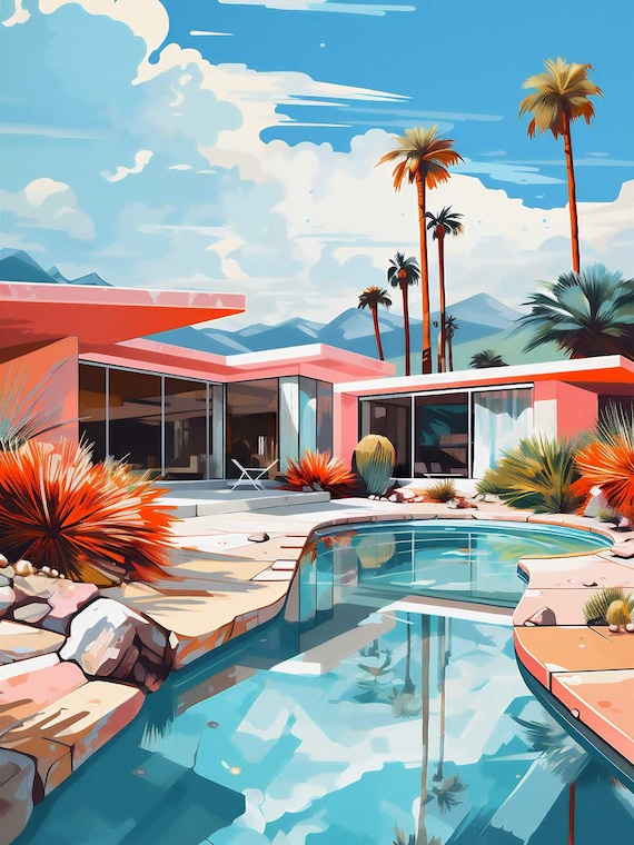 Mid Century Modern Palm Springs Print | Pink Stucco Home, Retro