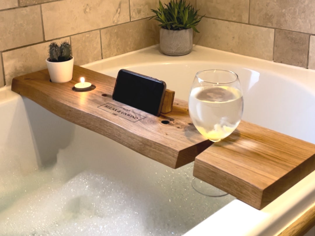 SOLID OAK Bath Tray / Caddy Free Personalisation Laser Engraved Wine
