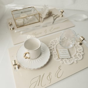 Engagement trays or engagement set in beige elegant ring tray Damat Kahvesi Tepsisi Söz Tepsisi with lace coaster