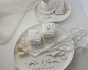 Vassoio di fidanzamento in porcellana personalizzato | Söz Tepsisi | Set Damat Kahvesi | Scatola ad anelli con iniziale | Set di fidanzamento di Nisan