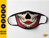 Day Of The Dead Lady Face Mask SVG Dia De Los Muertos Skull Facemask Cricut Cutting File Clipart Vector Digital Download Png Eps Dxf Ai