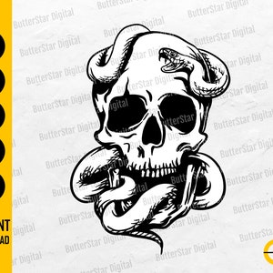 May include: A monochrome illustration featuring a skull entwined by a snake. The snake's head is above the skull, mouth agape. The image also includes the text "SVG, DXF, PNG, EPS, AI" and "INSTANT DOWNLOAD".