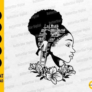 Floral Afro Book Lover SVG | Educated Smart Intelligent Curly Hair Black Girl SVG | Cricut Cut Files Clip Art Vector Digital Dxf Png Eps Ai