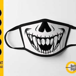 May include: A black and white face mask with a grinning skull design. The mask has black trim and ear loops. The words "SVG", "EPS", "PNG", "PDF", and "AI" are printed on the left side. The words "INSTANT DOWNLOAD" are printed at the bottom.